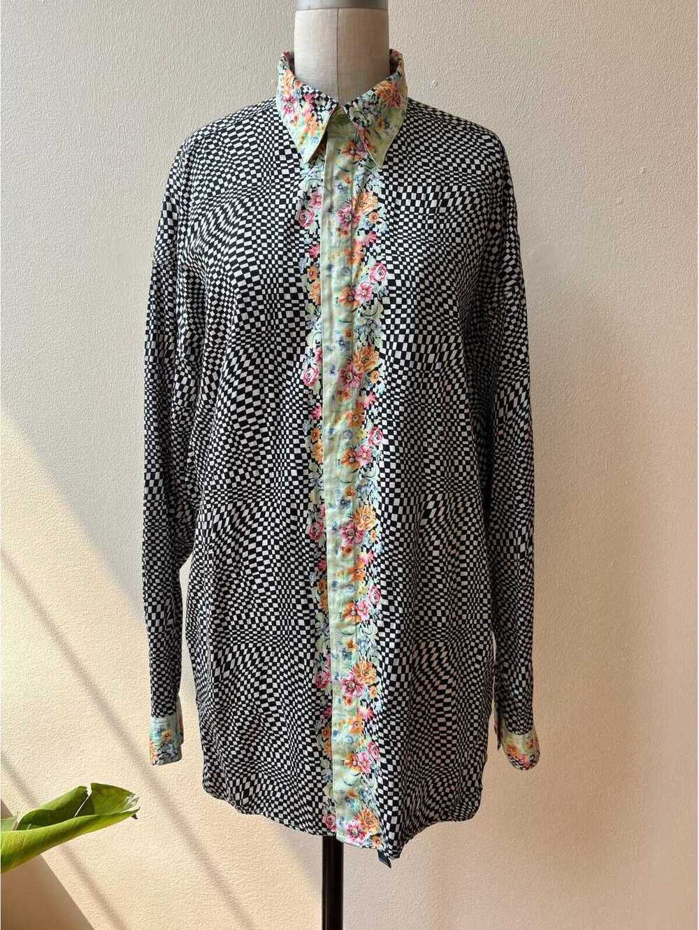 Vintage 1990s Versus Versace Cotton Checkerboard Floral Button Down